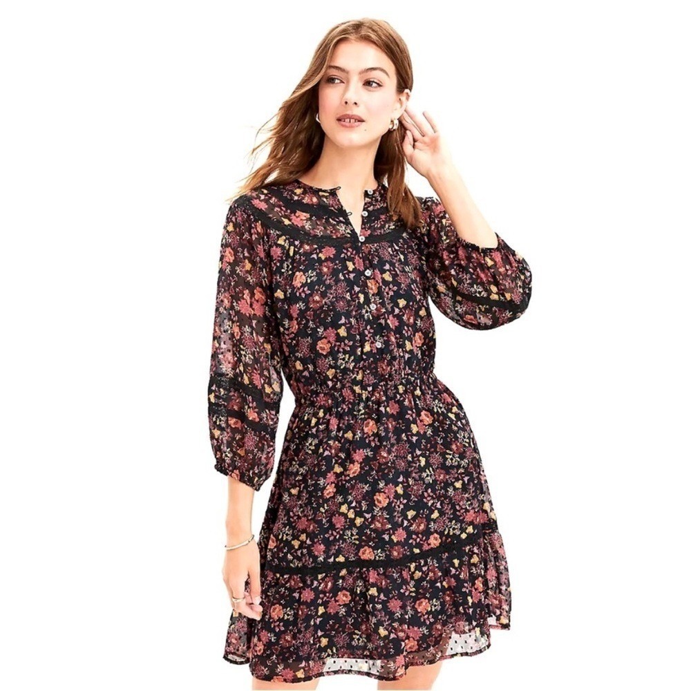 Loft Floral Clip Tiered Button Puff Sleeve Fall Floral Dress Size Medium Tall